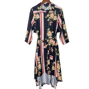 Gracia NWT Floral Striped Belted High Low Hem Midi Dress Size S Cutout Back